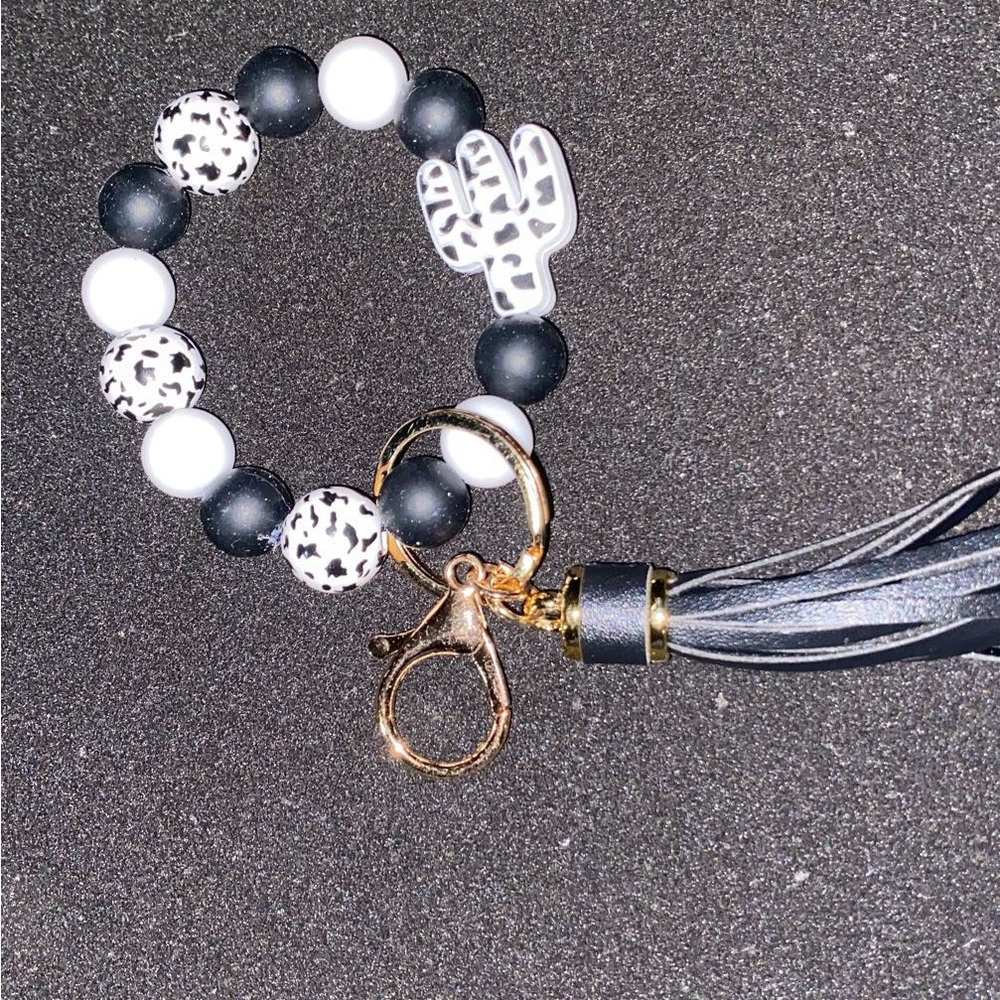 Cactus Beaded Keychain Bracelet - Black and White